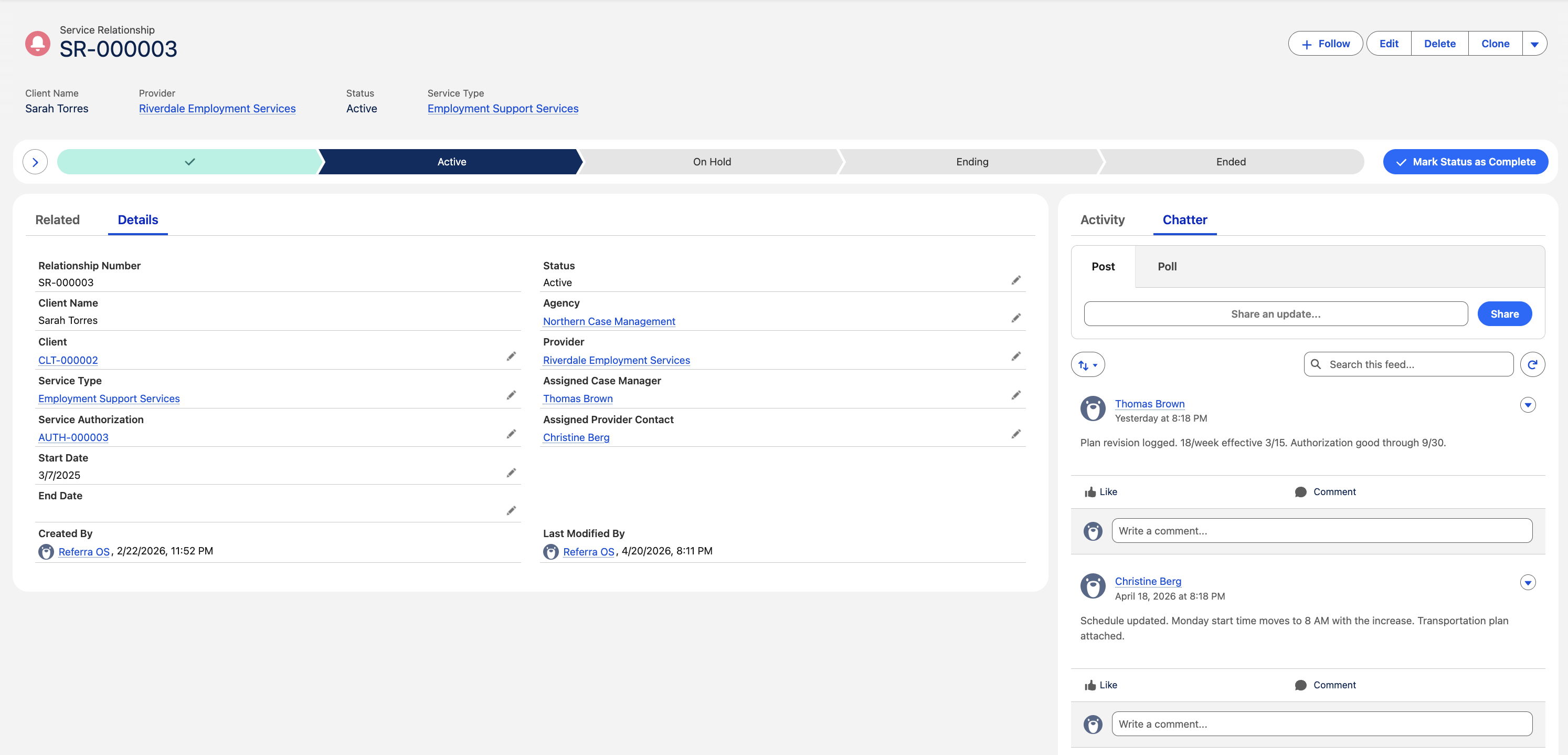 Referra OS Service Relationship record SR-000003 showing the client (Sarah Torres), agency (Northern Case Management), provider (Riverdale Employment Services), assigned case manager (Thomas Brown), and assigned provider contact (Christine Berg) on one record, anchored to authorization AUTH-000003, with the active status path and a chatter thread between the case manager and provider visible on the record